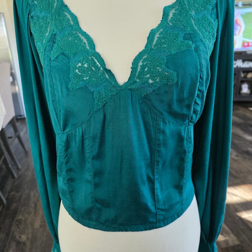 #498 Free People Teal Knit Top with Lace Detail